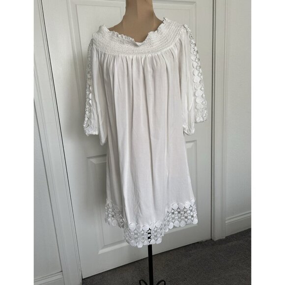 Blue Island Off The Shoulder 3/4 Sleeve Mini Lace Trim Cover-Up Dress White Sz M - Picture 1 of 12
